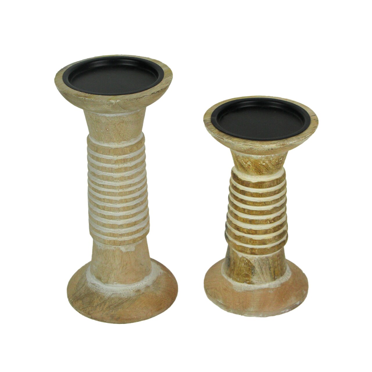 Set of 2 Wood Pedestal Candle Holders Rustic White Washed Pillar Centerpieces